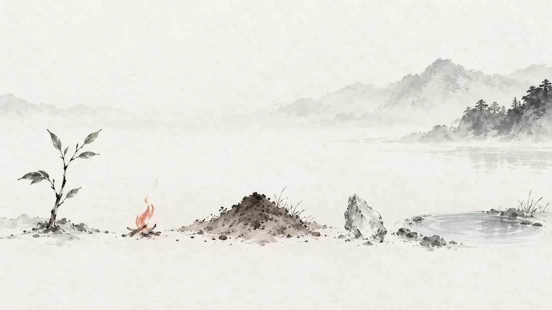 Ink wash painting of five modest natural specimens in a loose arc: twig, tiny flame, earth mound, pale mineral and a small pool.