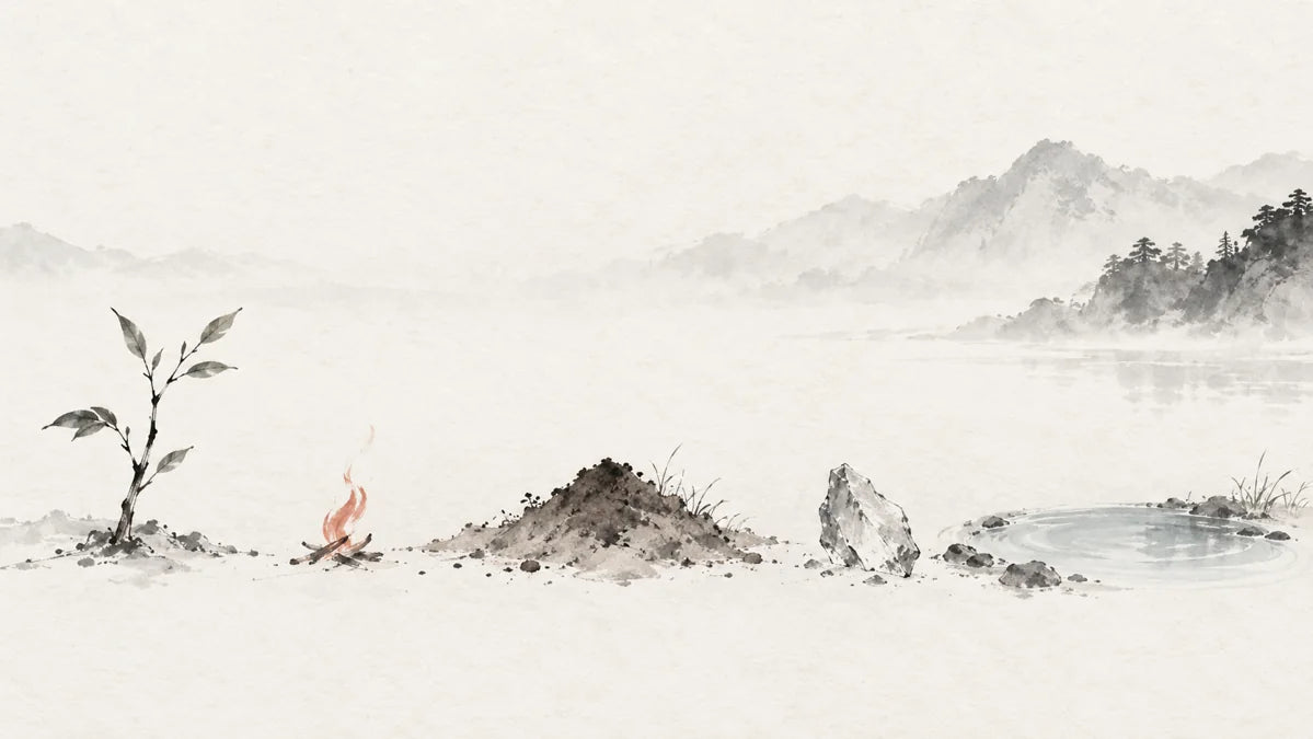 Ink wash painting of five modest natural specimens in a loose arc: twig, tiny flame, earth mound, pale mineral and a small pool.