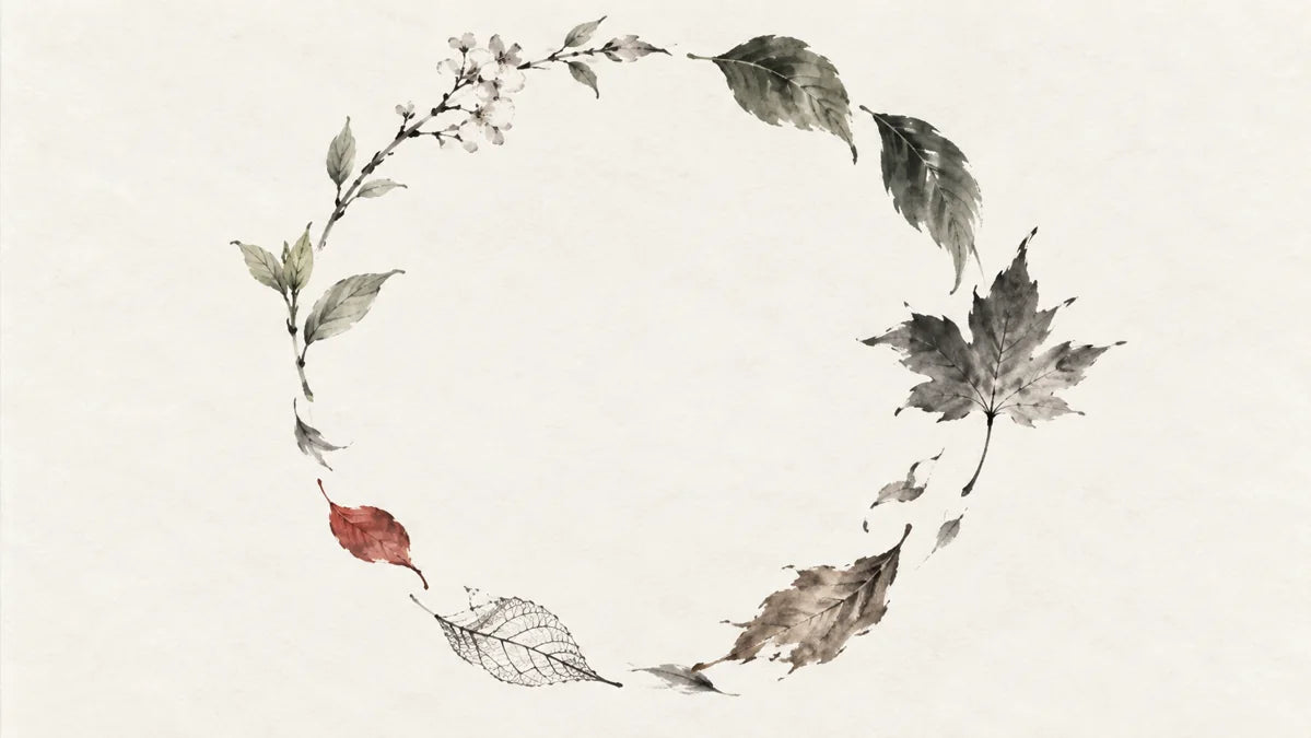 Ink wash painting of leaves forming an open seasonal circle.