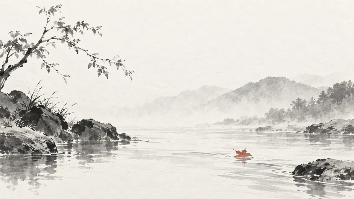 Ink wash illustration: a single ink-wash calendar leaf drifting along a calm stream, one tiny muted cinnabar leaf