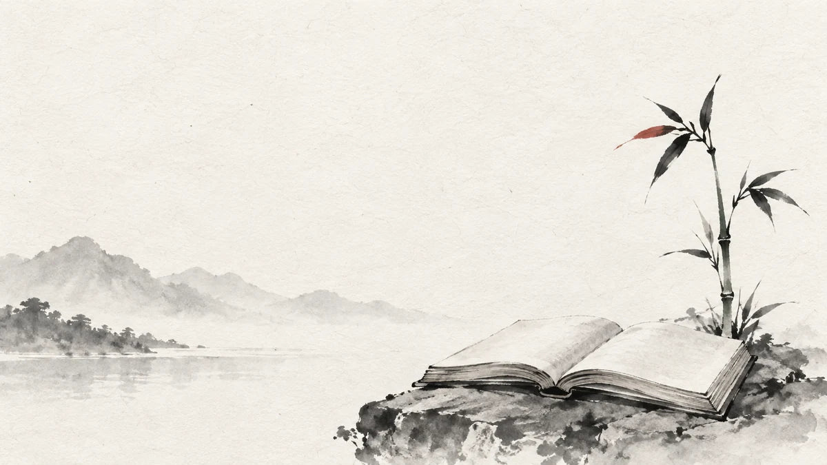Ink wash illustration: an open ink-wash book beside a young bamboo shoot, one tiny muted cinnabar leaf