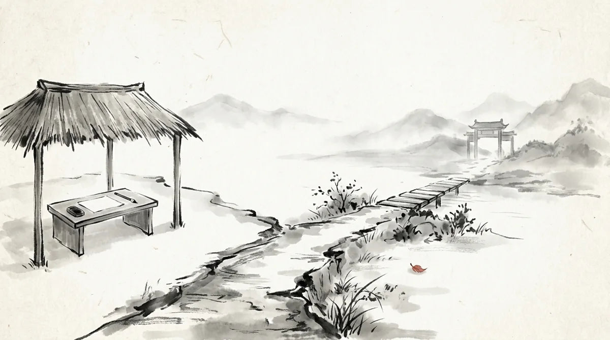 Ink wash illustration: a narrow ink-wash path dividing toward a desk brush and a distant mountain gate, one tiny muted cinnabar leaf
