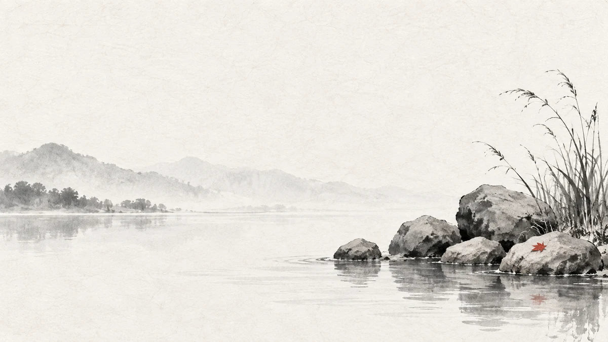 Ink wash illustration: five pale ink-wash stones at the edge of still water, one tiny muted cinnabar leaf