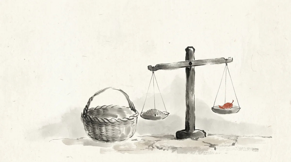 Ink wash illustration: a modest ink-wash grain basket beside a balanced stone scale, one tiny muted cinnabar leaf