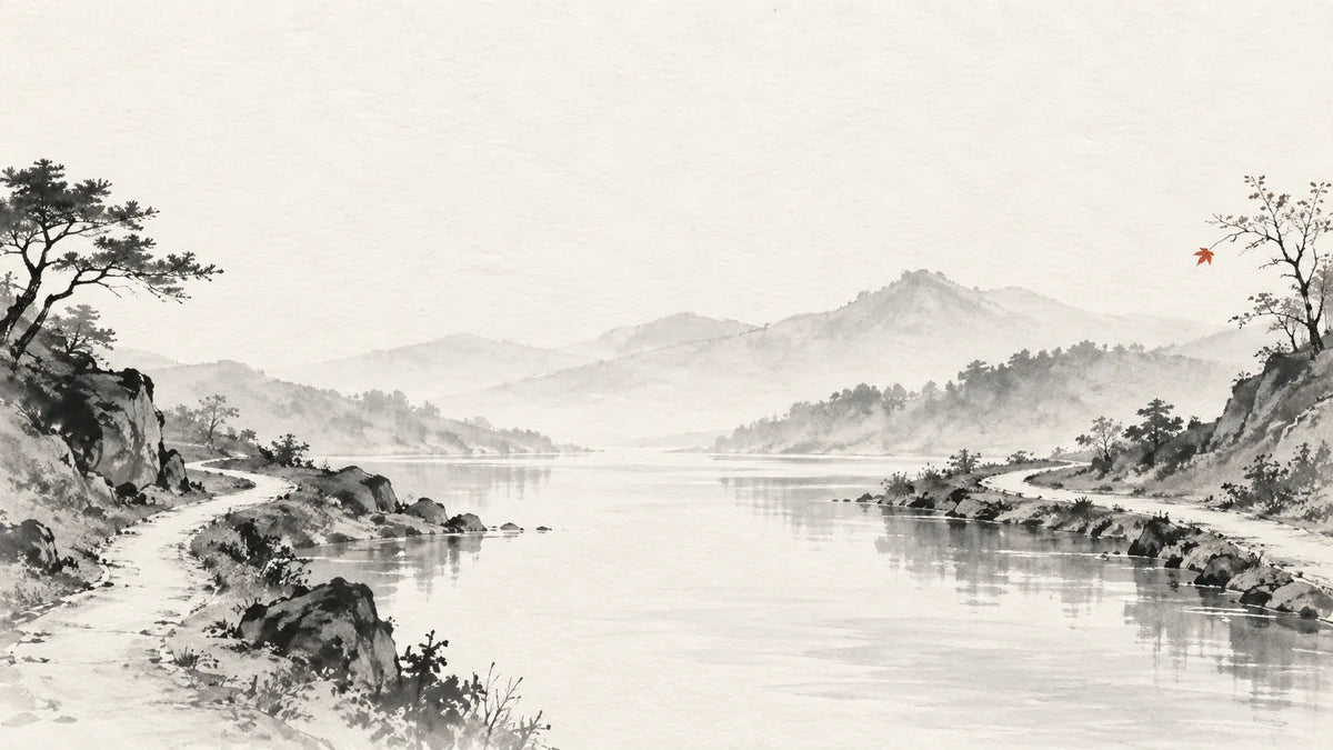 Ink wash illustration: two separate ink-wash paths running beside the same calm stream, one tiny muted cinnabar leaf