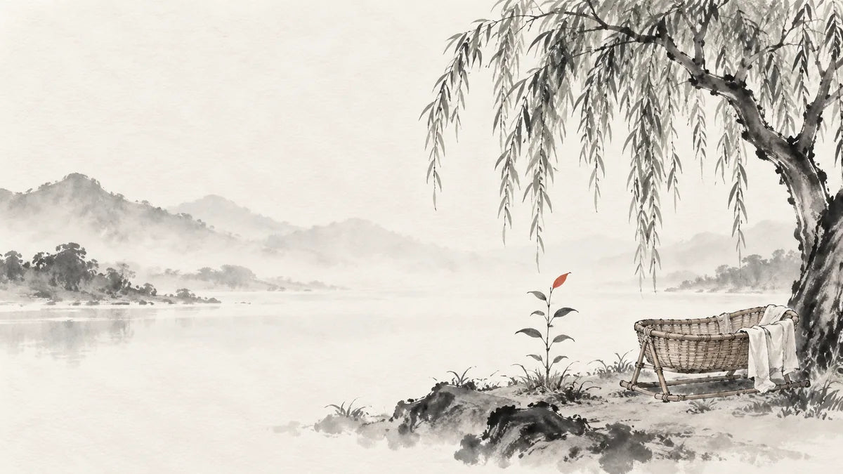 Ink wash painting of a small empty woven cradle beneath a sheltering willow, with one young shoot growing nearby, no people or medical objects.