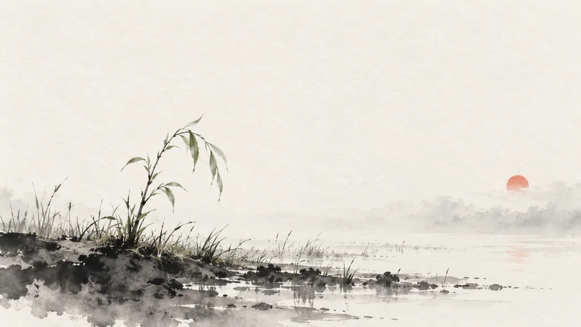 Ink wash painting of a muted red sun over moist earth with a young willow shoot.