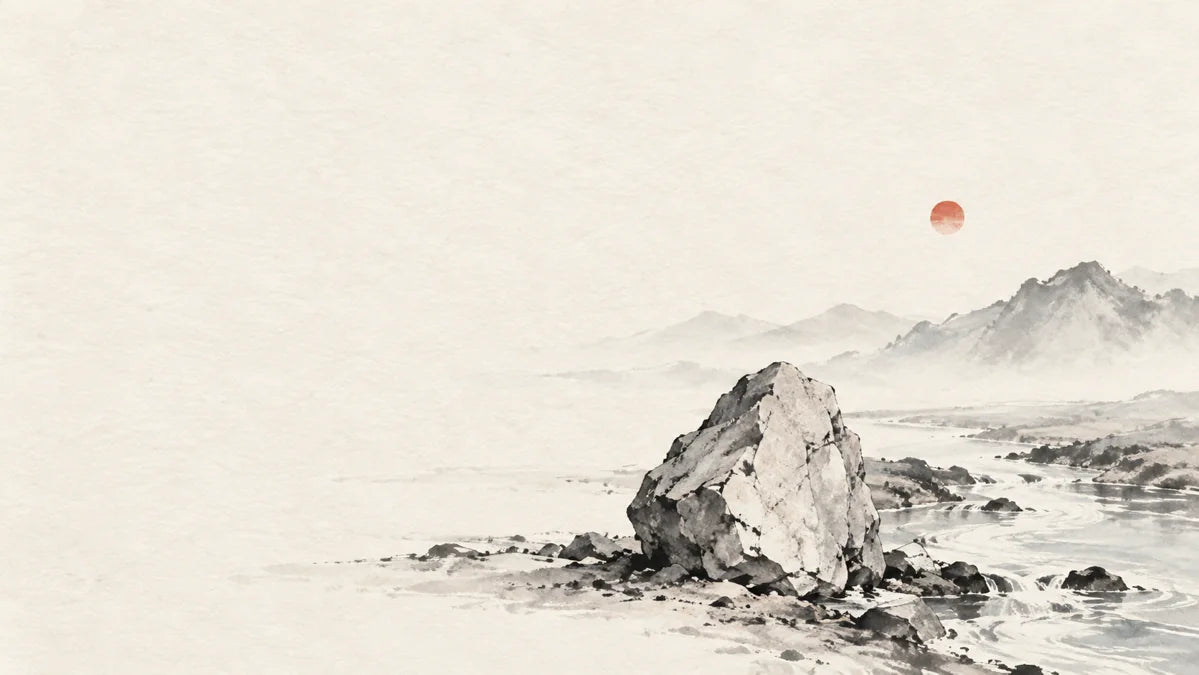 Ink wash painting of a muted red sun above a pale angular rock beside a thin flowing stream.