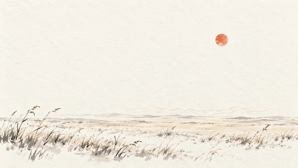Ink wash painting of a small high cinnabar sun above sparse sun-warmed grassland.