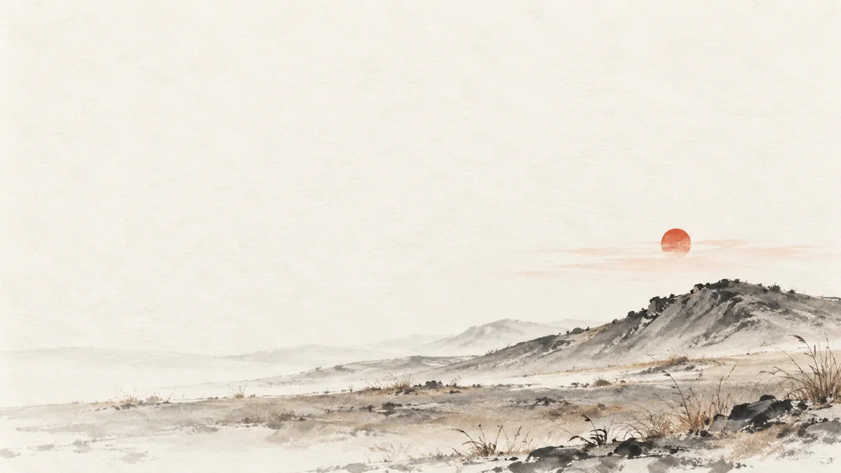 Ink wash painting of a low muted red sun above dry autumn earth and a single bare ridge.