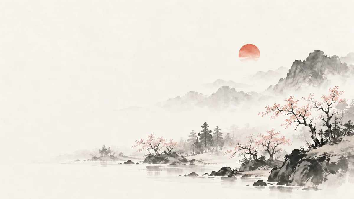 Ink wash painting of a small muted red rising sun above sparse spring woodland.