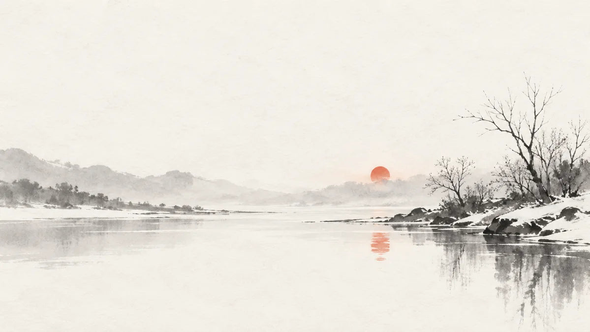 Ink wash painting of a small muted red sun reflected in a still winter river.