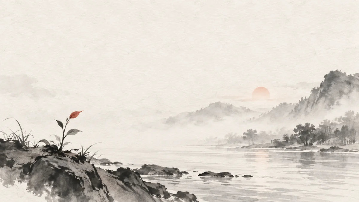 Ink wash illustration: a single tender spring shoot emerging beside a quiet stream at dawn