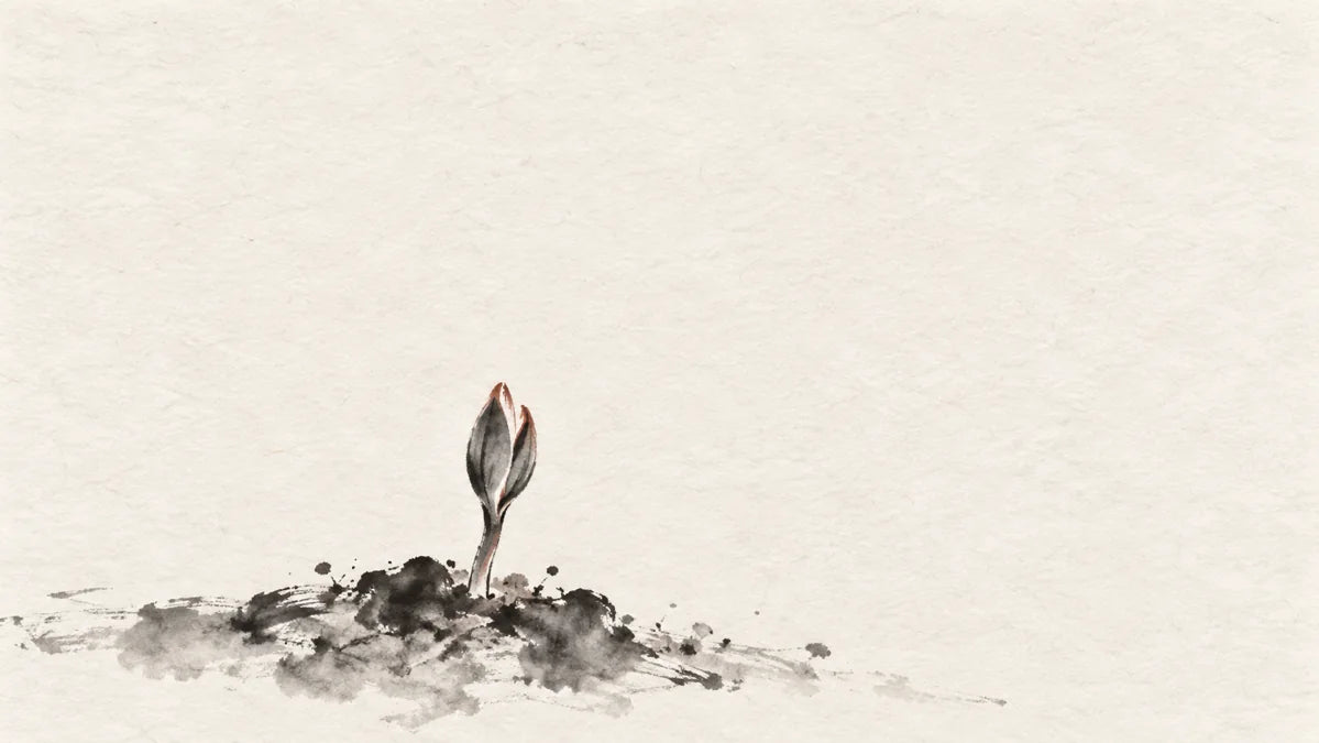 Ink wash painting of one tiny tightly folded plant shoot just forming at the surface of a small patch of earth; its two miniature leaves remain closed, latent potential before unfolding, not a blooming flower.