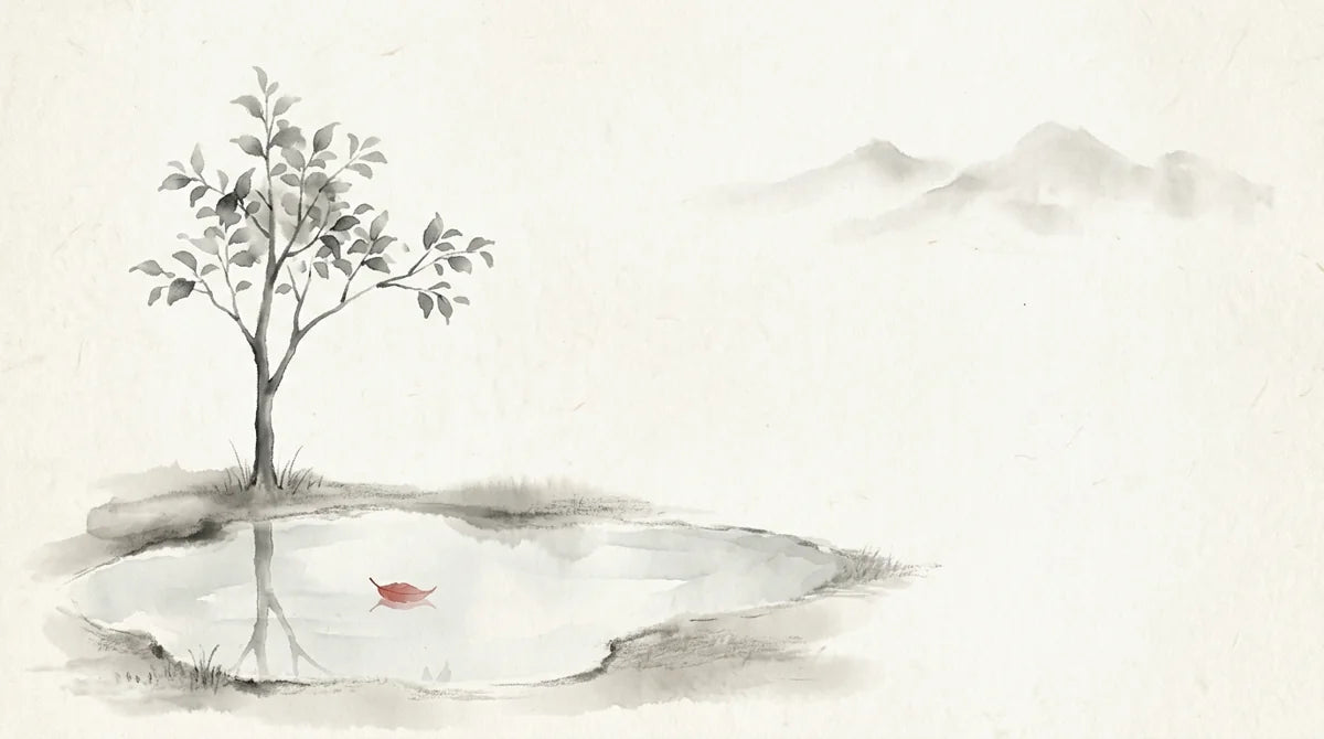 Ink wash illustration: a small clear pool reflecting a young tree, with one muted cinnabar leaf