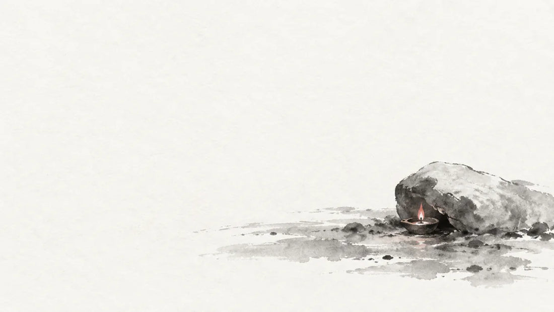 Ink wash painting of a small sheltered oil lamp on cool damp earth beside a pale stone.