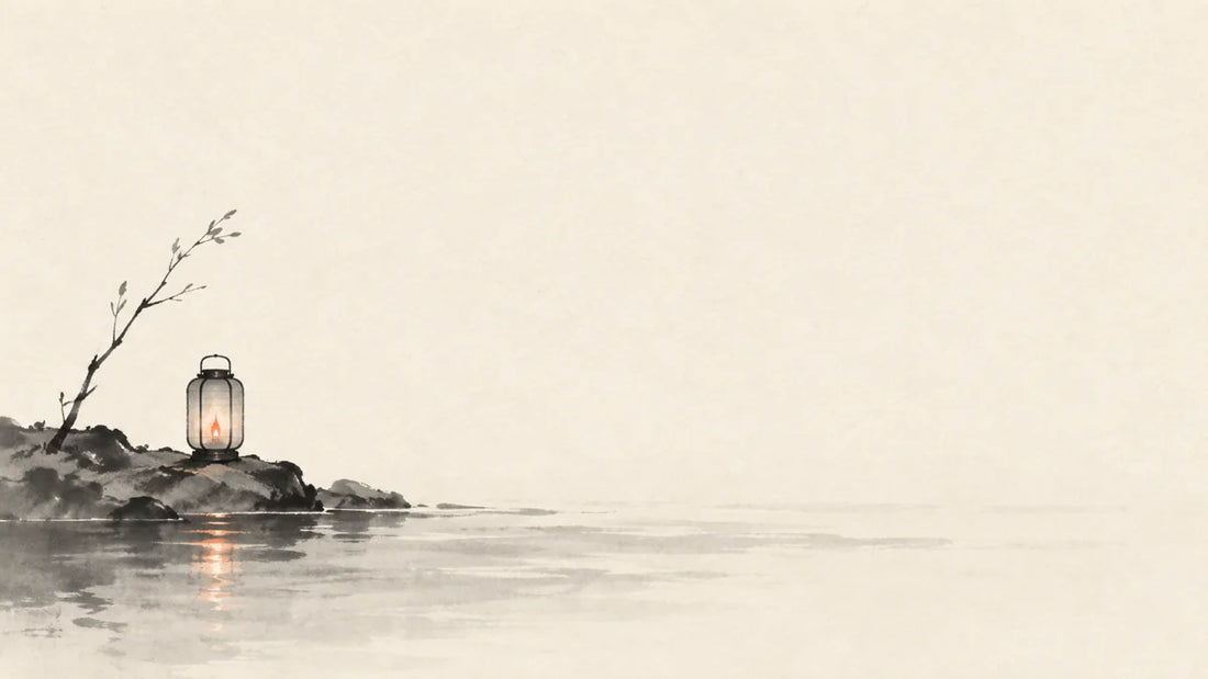 Ink wash painting of a tiny lantern beside still dark water and a single wood twig.