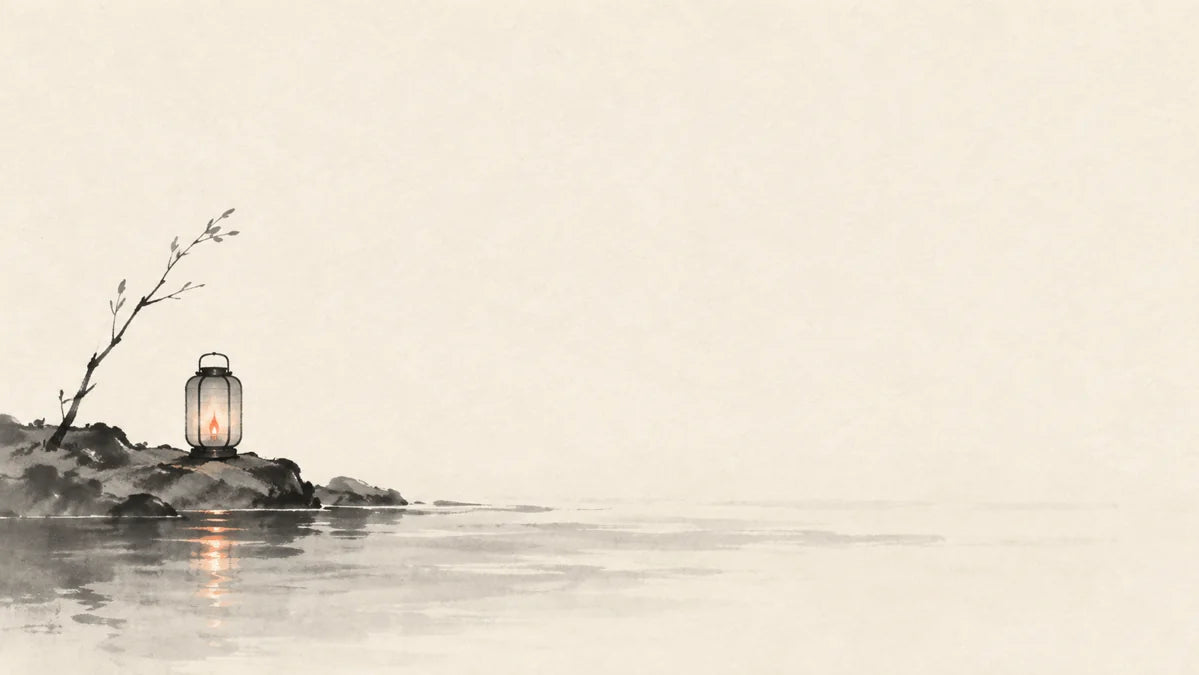 Ink wash painting of a tiny lantern beside still dark water and a single wood twig.