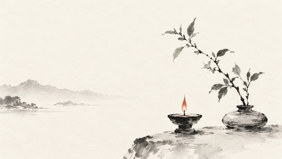 Ink wash painting of a tiny oil lamp beside a slender leafy spring twig.