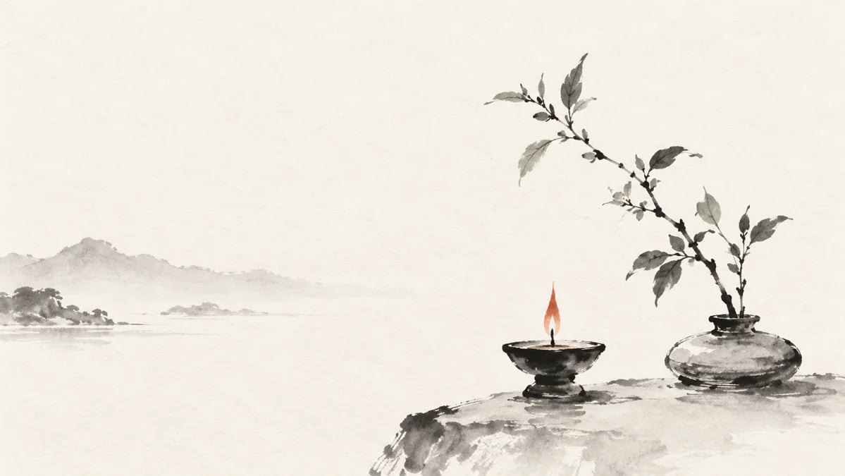 Ink wash painting of a tiny oil lamp beside a slender leafy spring twig.