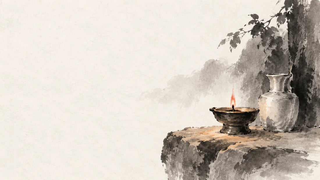Ink wash painting of a small oil lamp on a warm stone ledge beside a pale metal vessel.