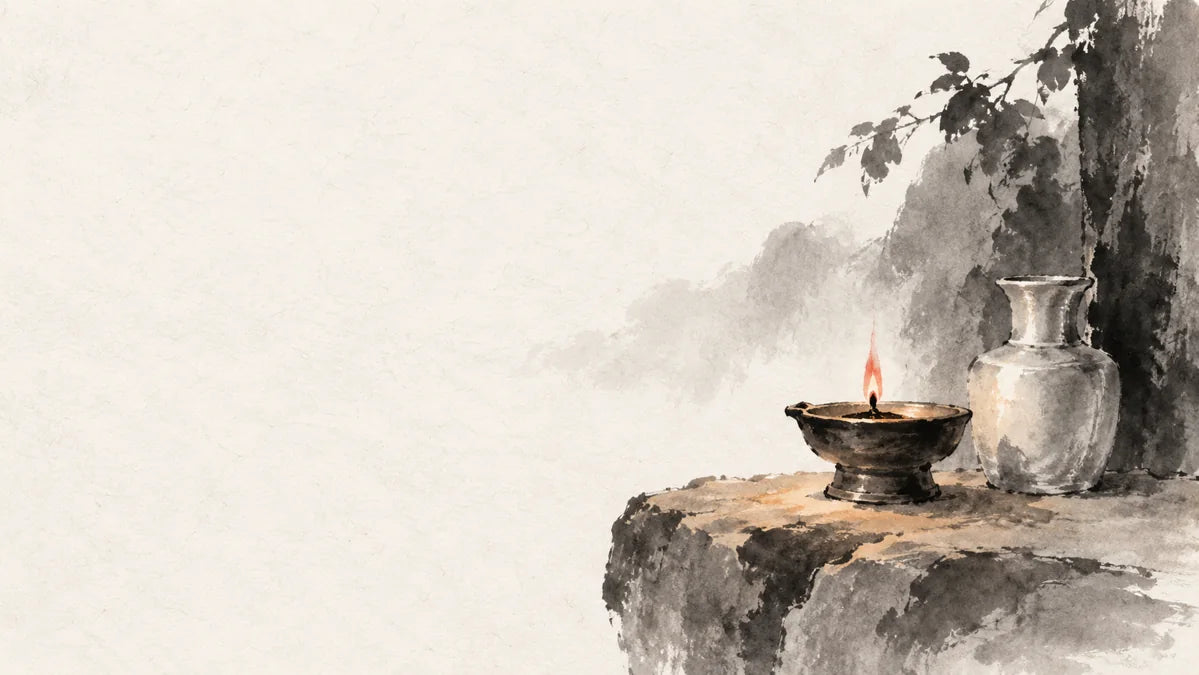 Ink wash painting of a small oil lamp on a warm stone ledge beside a pale metal vessel.