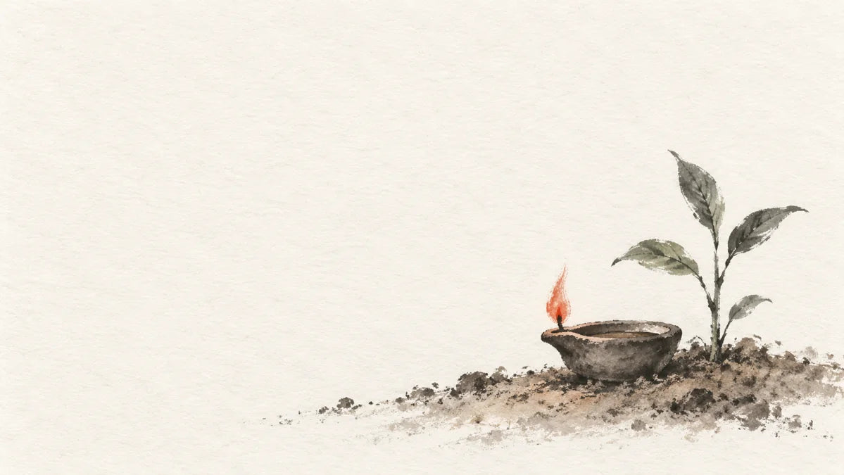 Ink wash painting of a small clay lamp resting on warm earth beside a young plant.