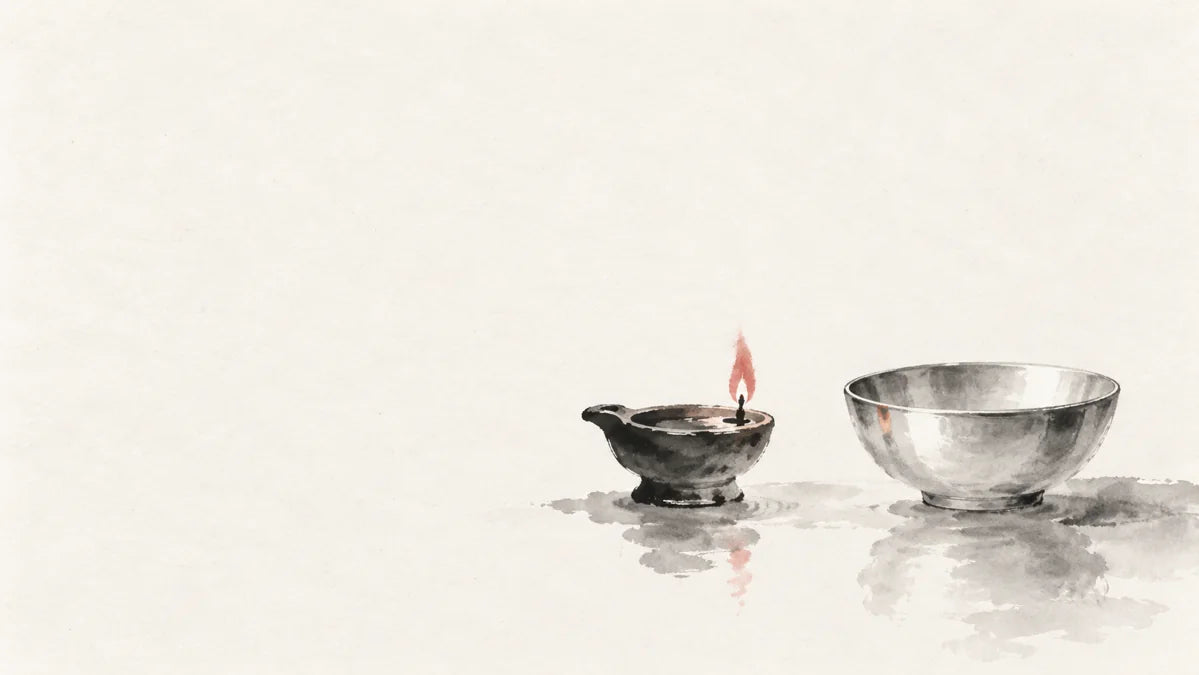 Ink wash painting of a small oil lamp beside a smooth pale metal bowl.
