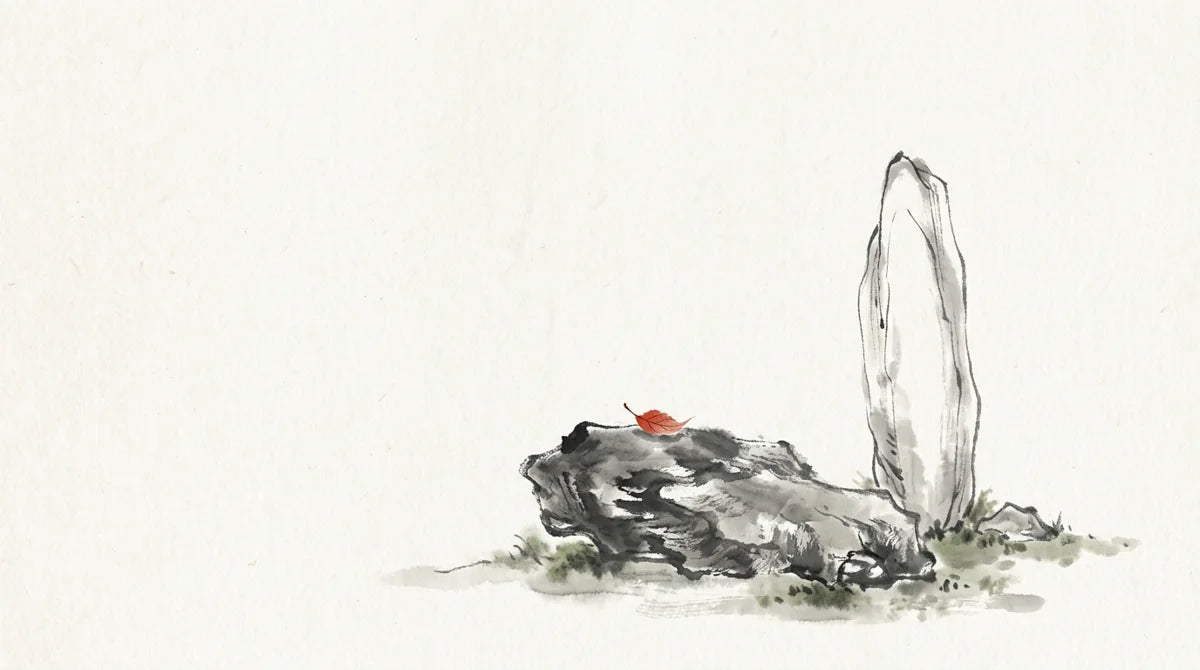 Ink wash illustration: a slender upright stone beside a weathered rock with a tiny cinnabar leaf