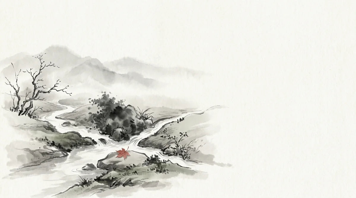 Ink wash illustration: a quiet spring dividing into two narrow streams beside a single red leaf