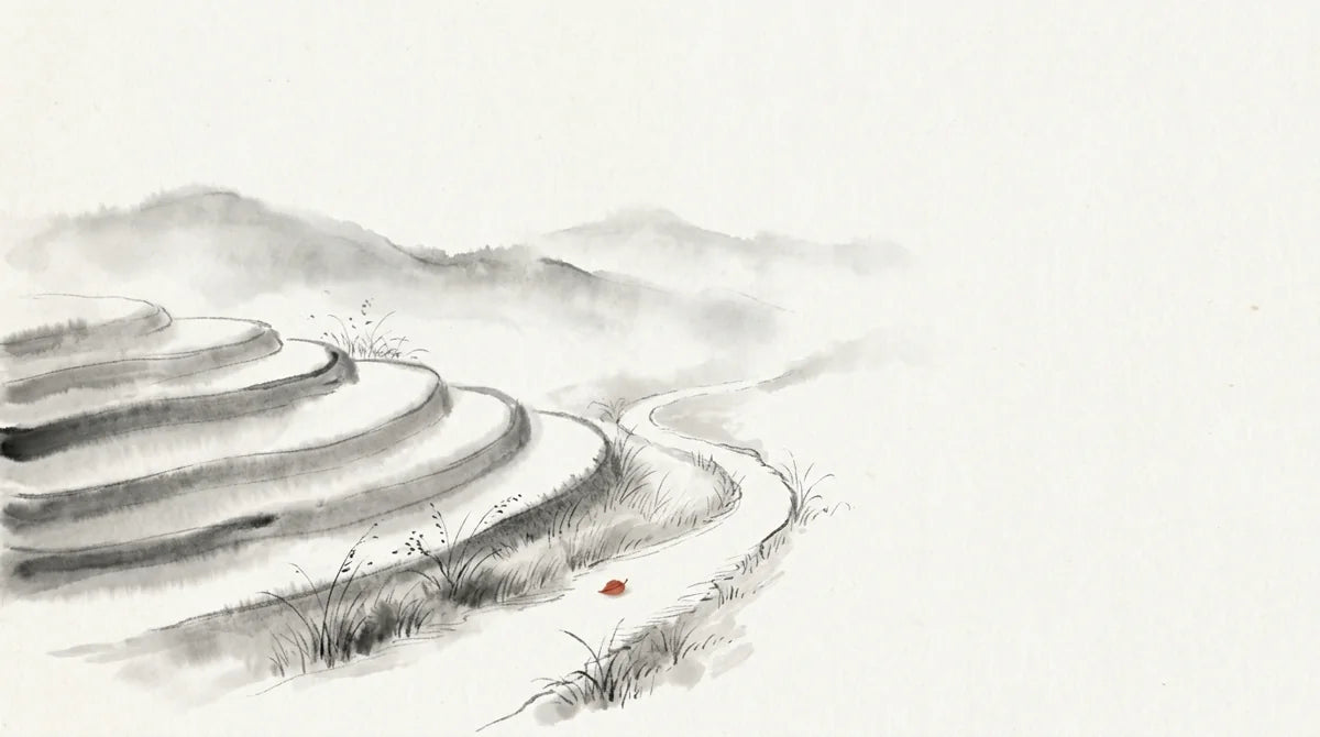 Ink wash illustration: a small terraced field beside a winding open path with one tiny cinnabar leaf