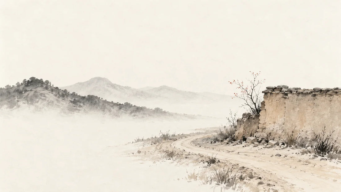 Ink wash painting of a short weathered earthen wall beside a low curving dirt path and pale sandy ground.
