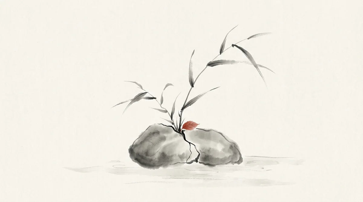 Ink wash illustration: two delicate ink-wash reeds separated by a hairline crack in a river stone, one tiny muted cinnabar leaf