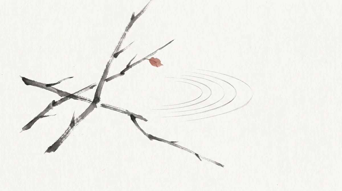 Ink wash illustration: three dry ink-brush twigs pressing across one another beside a quiet repeated ripple, one tiny muted cinnabar leaf