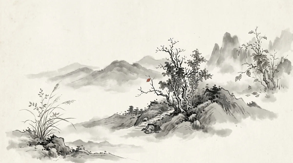 Ink wash illustration: three plants at early middle and late stages of one season across a misty landscape, one tiny muted cinnabar leaf