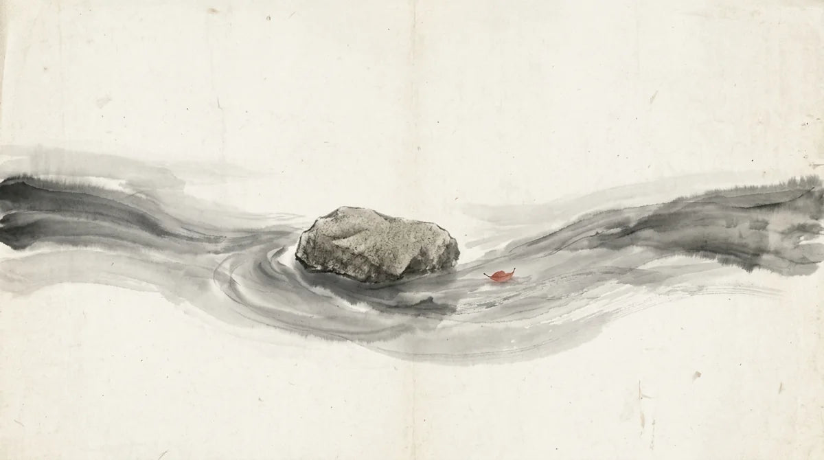 Ink wash illustration: two opposing ink currents meeting around a still stone without violence, one tiny muted cinnabar leaf