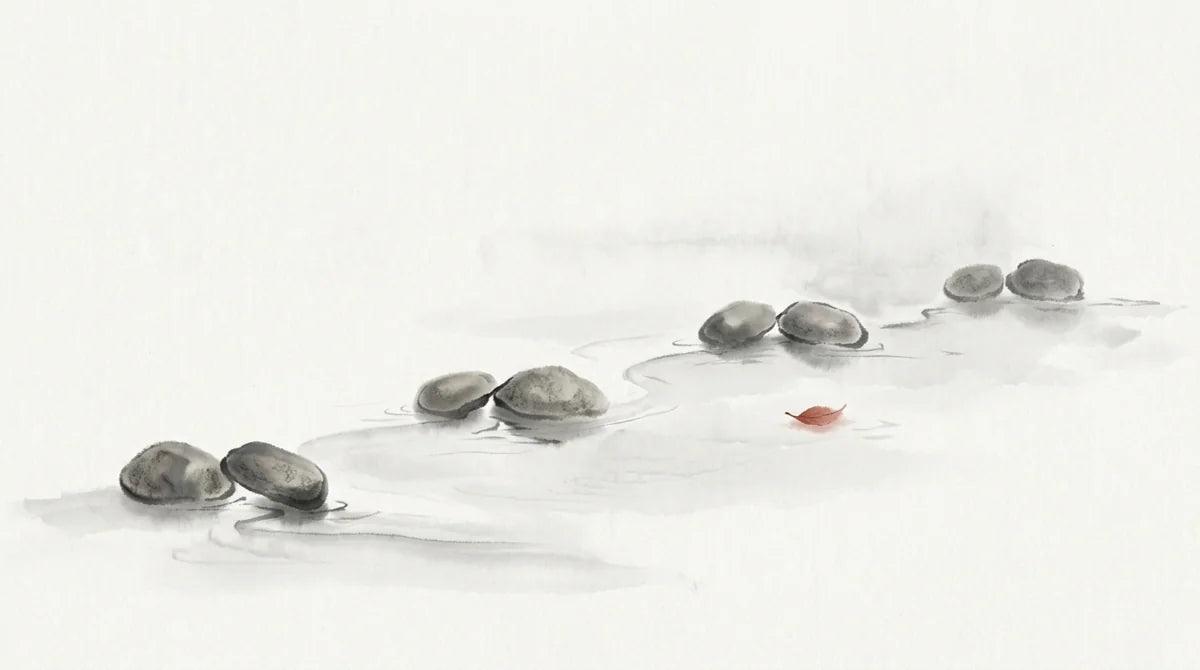 Ink wash illustration: six pairs of small river stones gently meeting across pale water, one tiny muted cinnabar leaf