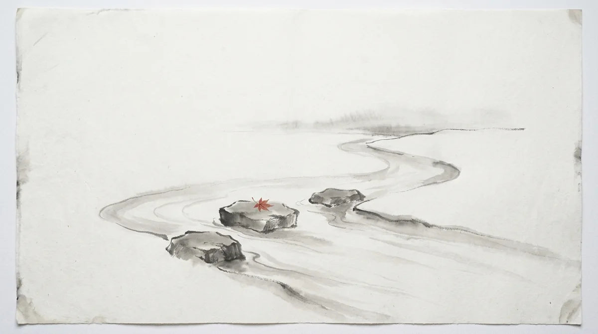 Ink wash illustration: three stepping stones forming a quiet triangular rhythm in an ink-wash stream, one tiny muted cinnabar leaf