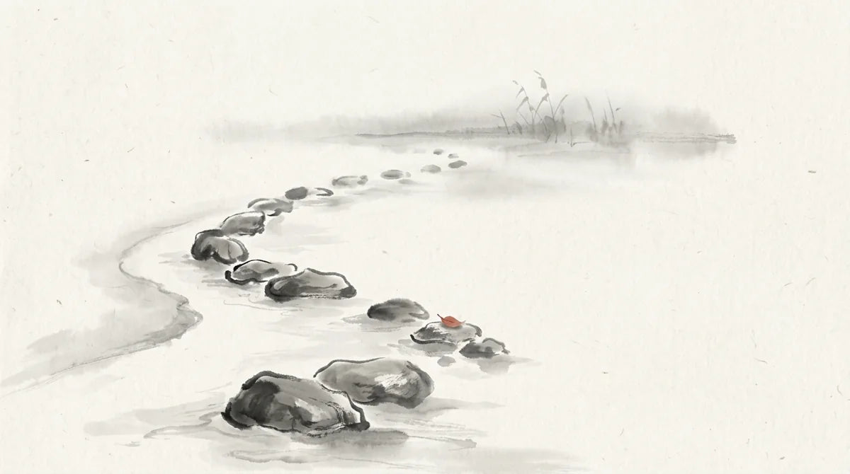 Ink wash illustration: twelve low stones curving beside a misty stream, with one tiny muted cinnabar leaf