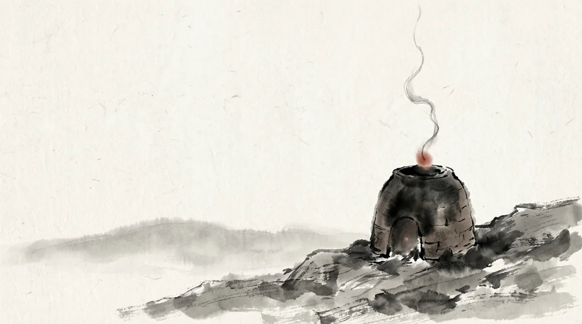 Ink wash illustration: a small clay kiln beside a single curling plume of smoke with one cinnabar ember