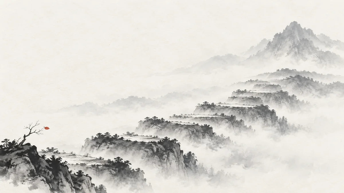 Ink wash illustration: eight quiet mountain terraces leading into mist