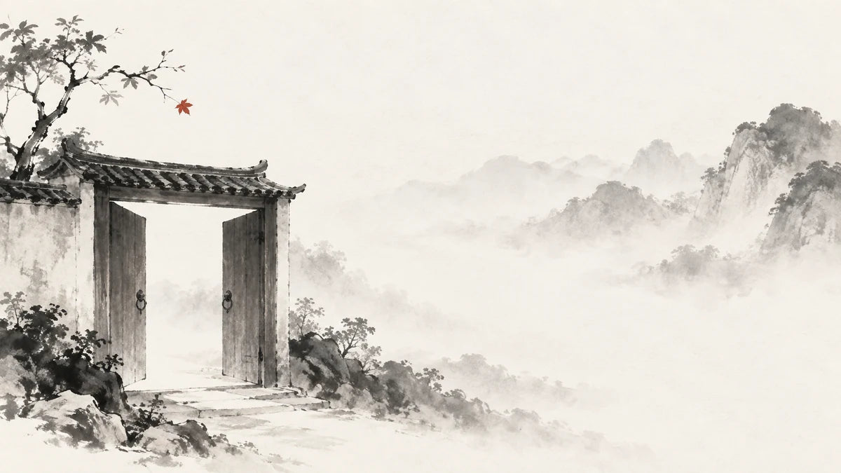 Ink wash illustration: an ink-wash gate opening onto generous empty mist, one tiny muted cinnabar leaf