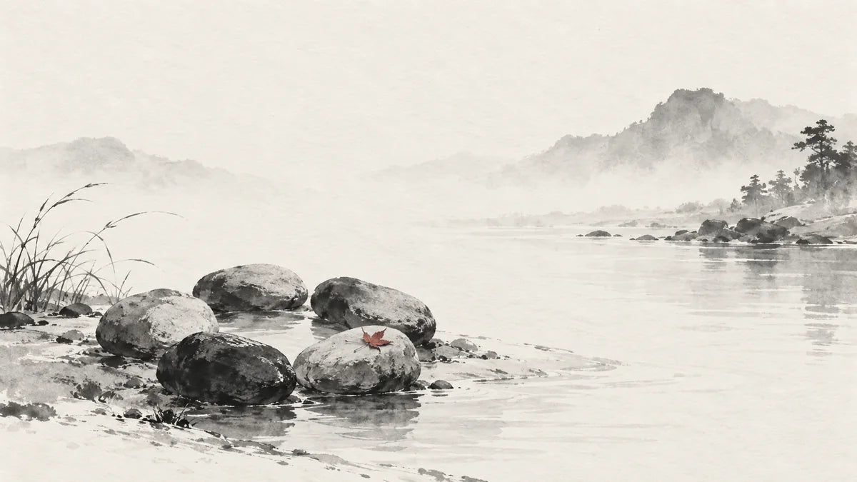 Ink wash illustration: five subtle river stones arranged in a balanced circle