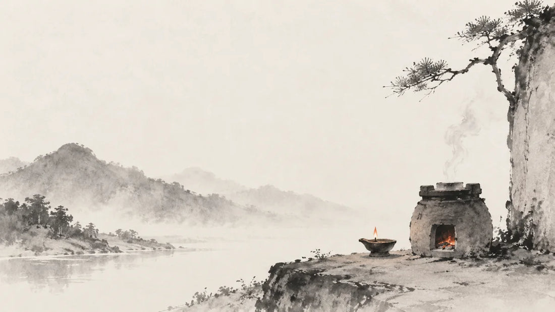 Ink wash painting of a small earthen furnace with a restrained ember opening beside one tiny oil lamp.