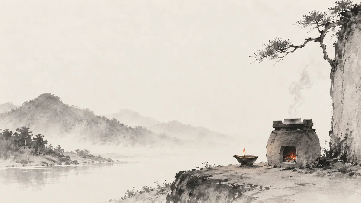 Ink wash painting of a small earthen furnace with a restrained ember opening beside one tiny oil lamp.