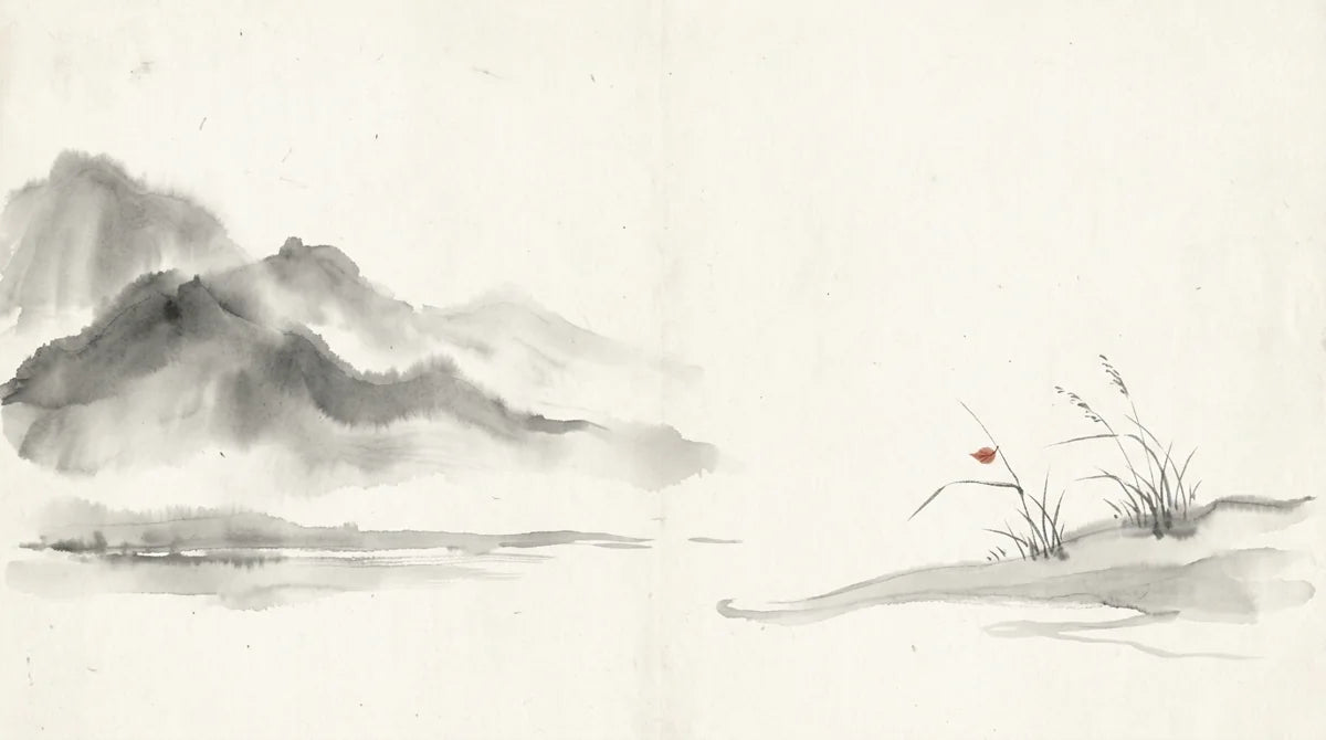 Ink wash illustration: five restrained ink washes flowing into one balanced landscape, with one tiny cinnabar leaf