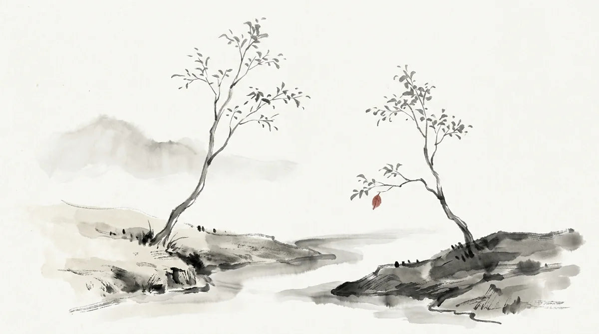 Ink wash illustration: two slender trees growing from separate banks of a quiet stream and one muted red leaf