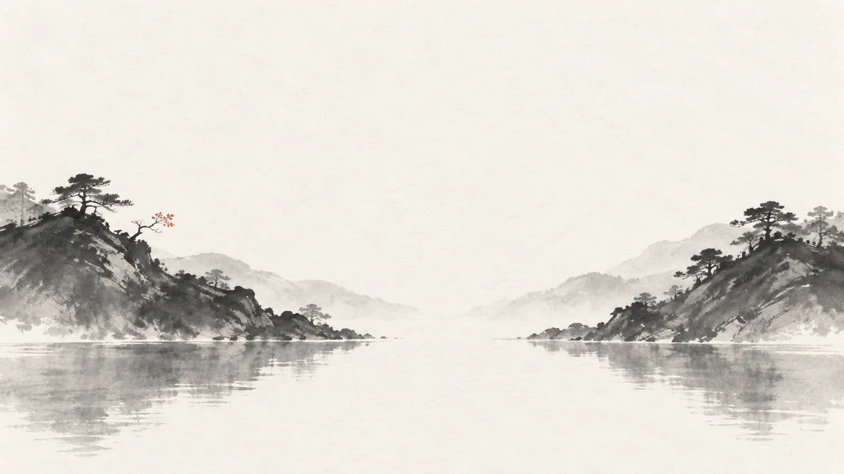 Ink wash illustration: two mirrored ink-wash hills with a narrow river between them, one tiny muted cinnabar leaf
