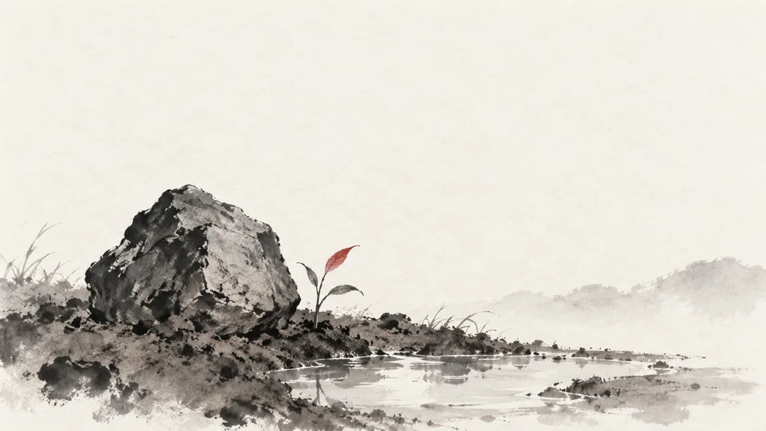 Ink wash painting of a rough iron stone resting in damp spring soil beside a tiny shoot and a shallow water pool.