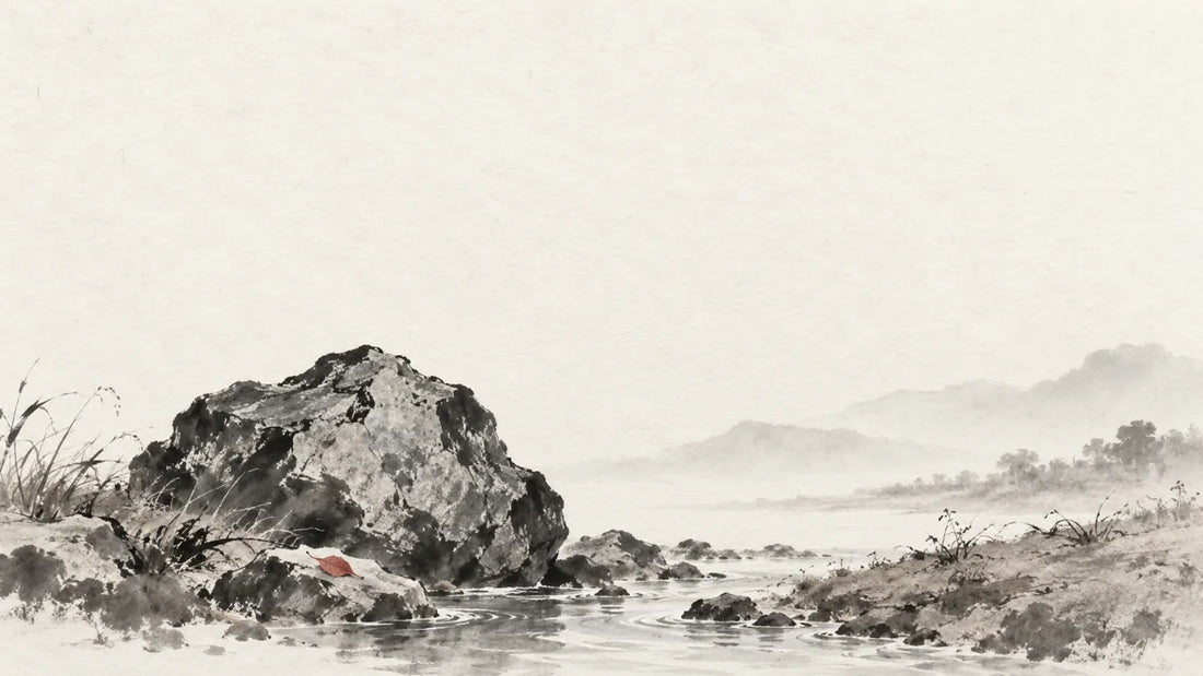 Ink wash painting of a rugged iron-rich rock beside a thin stream and a small bank of earth.